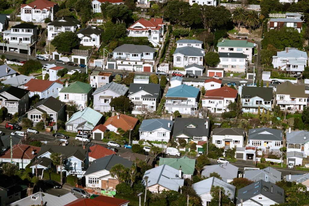 Aerial view of a Wellington suburb showing rows of Kiwi family homes